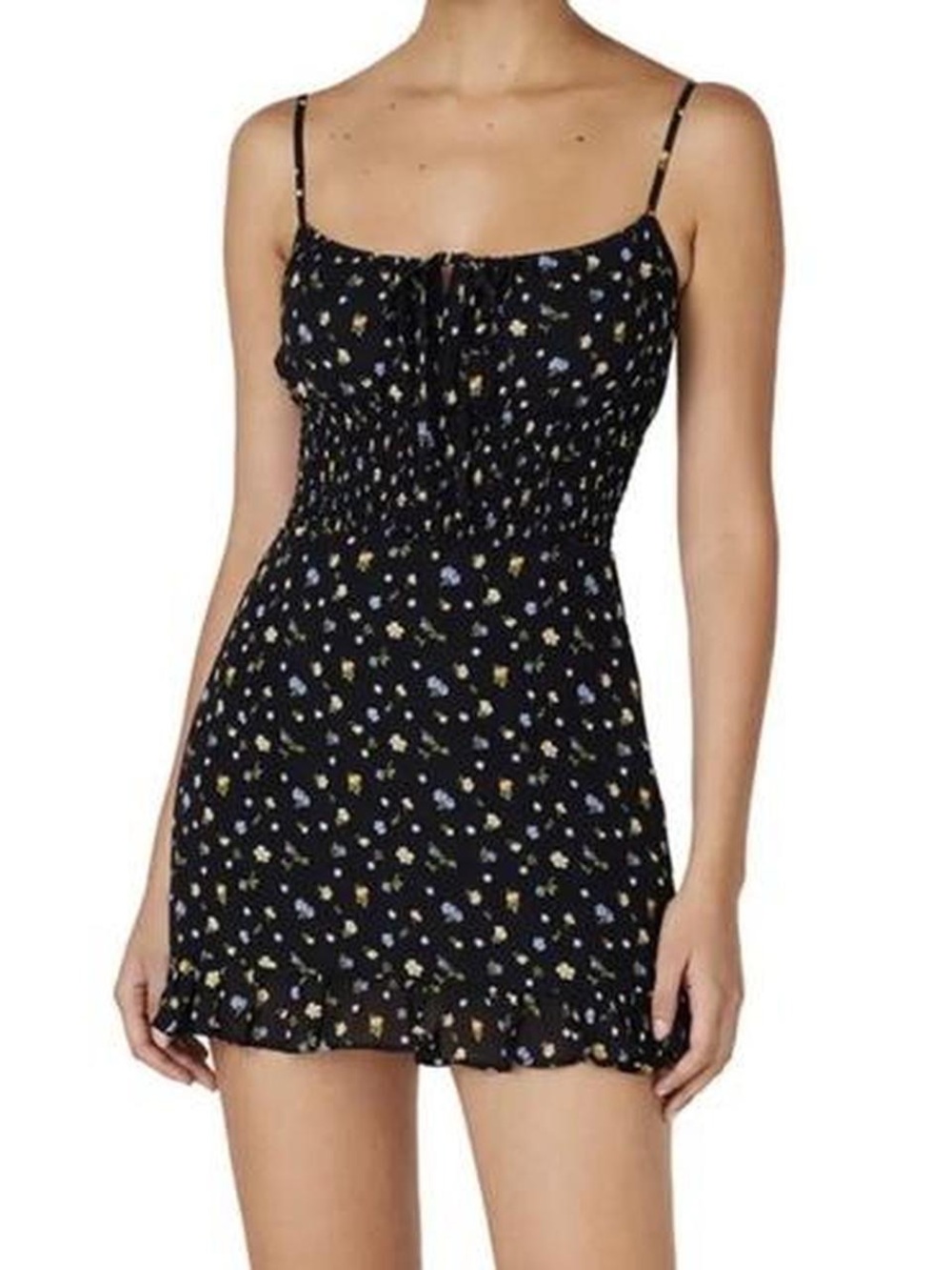 Reformation Black Mini Dress with Yellow & White Floral Print